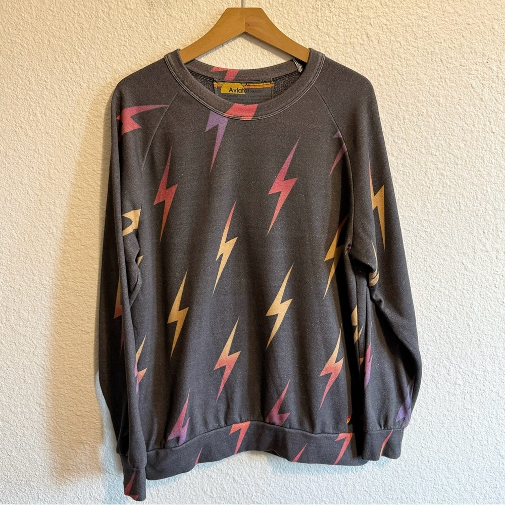 Aviator Nation Lightning Bolt Pullover Crewneck Sweatshirt Black XL